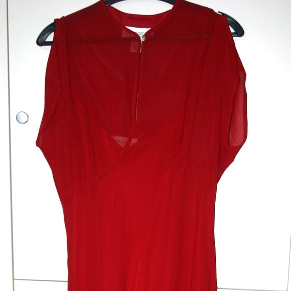 BLOOMINGDALE'S Red Maxi Dress, Sheer Duster Overlay over Red Silk Slip Dress 8 - Picture 1 of 13